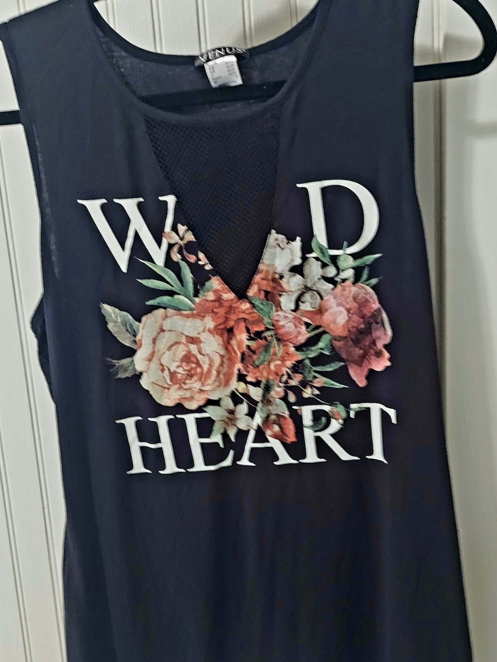 VENUS Black Muscle Tee with Floral 'WILD HEART' Print